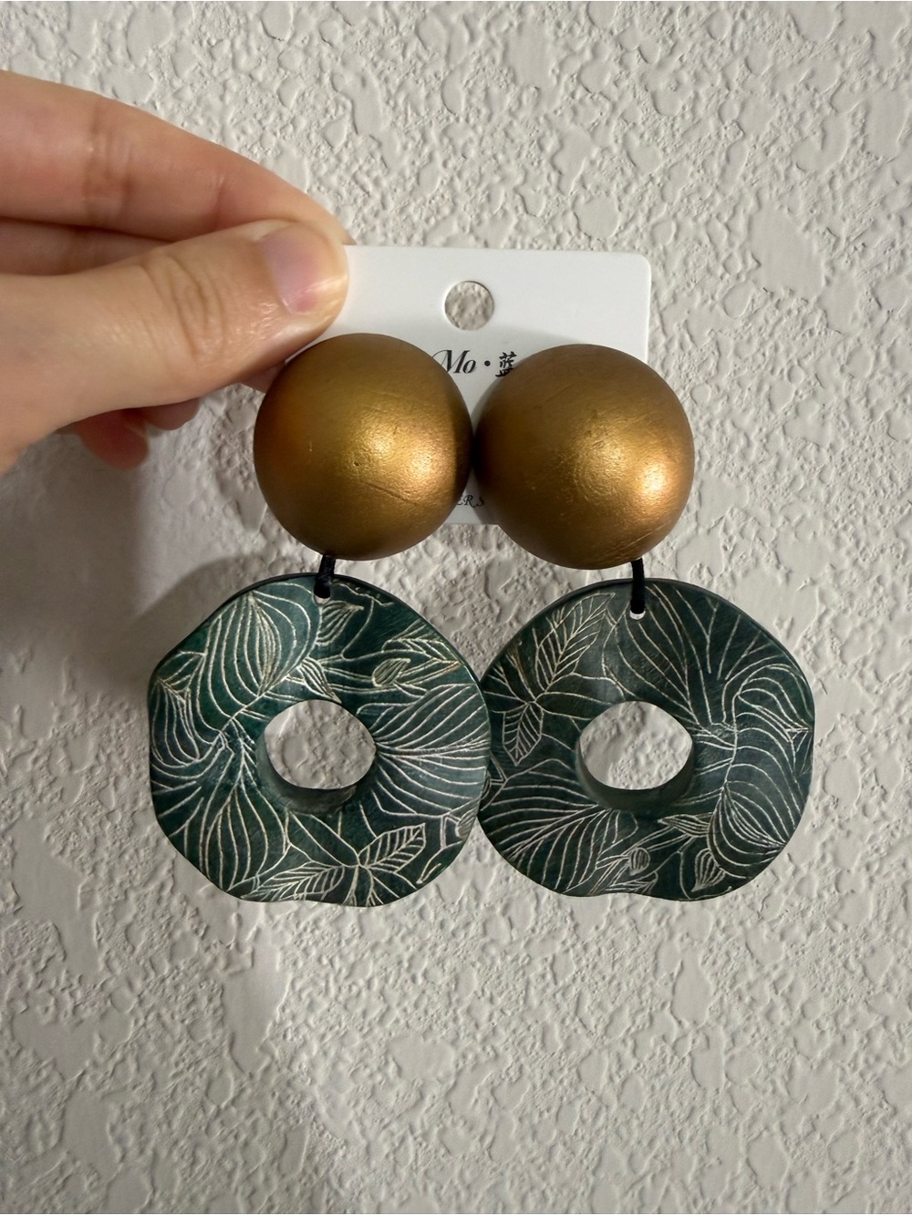 Women’s Gold and Forest Green Leaf Pattern Drop Earrings